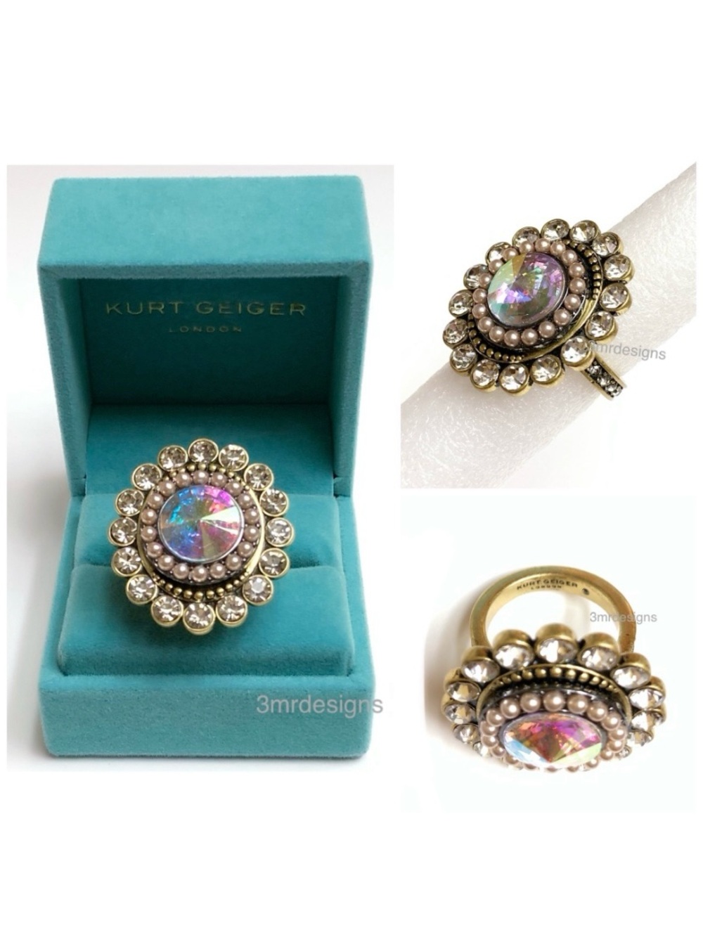 NIB KURT GEIGER Octavia Brass Tone Iridescent Crystal Faux Pearls Ring